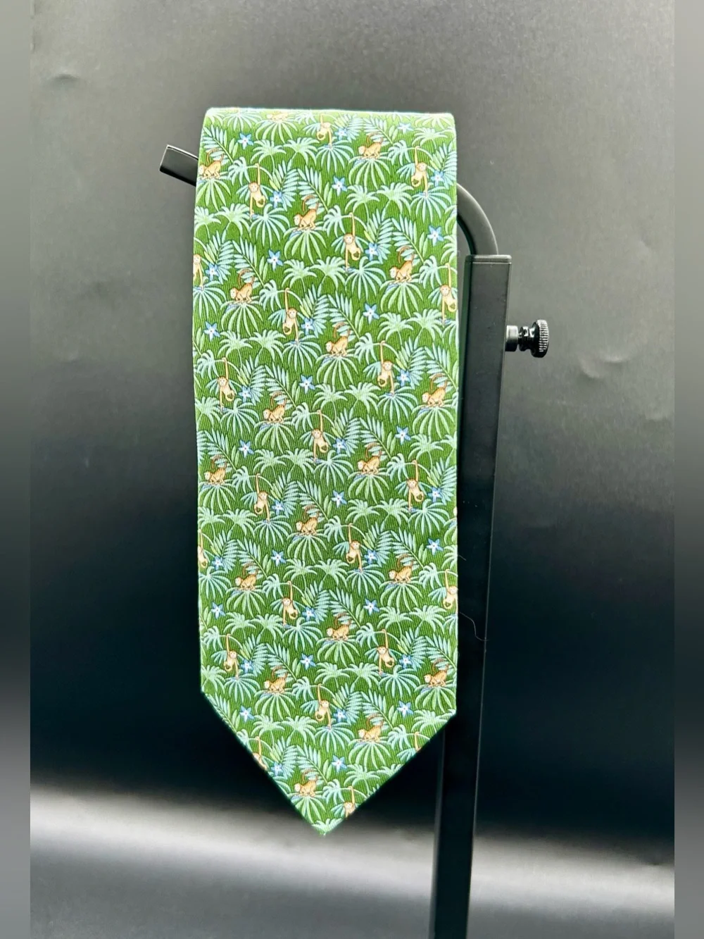 SALVATORE FERRAGAMO Silk Neck Tie - Tropical Jungle Leaf and Monkey motif.